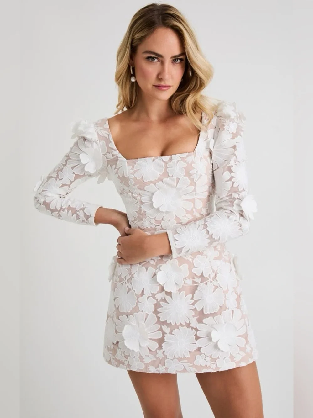 Helsi Ellen Long-Sleeve 3D Floral Mini Dress In White Size XS NWOT - Picture 3 of 7